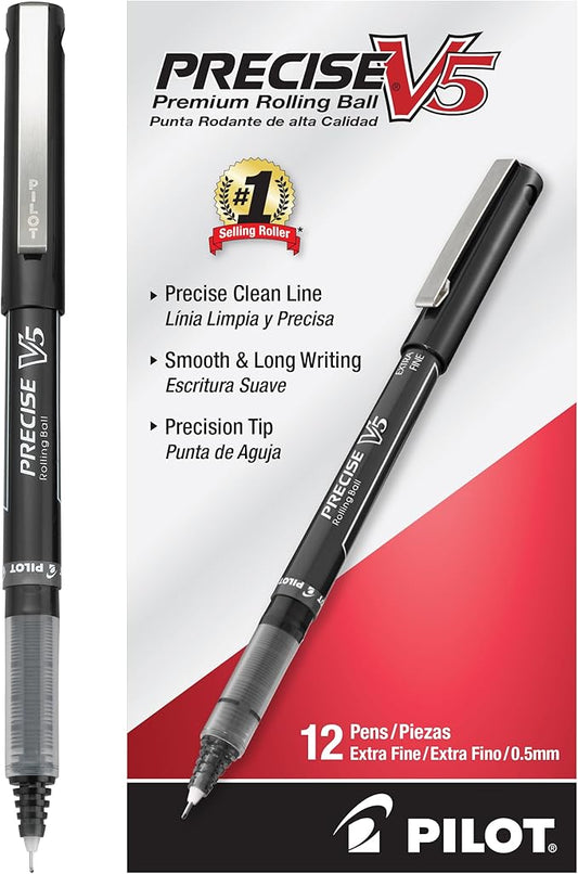 Pilot, Precise V5, Capped Liquid Ink Rolling Ball Pens, Extra Fine Point 0.5 mm, Black, Pack of 12