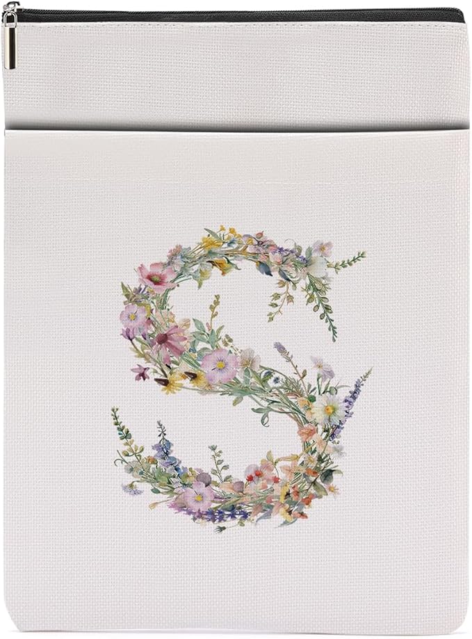 Monogrammed Book Sleeve Floral S Initial Book Pouch Book Accessories Book Lovers Gifts Waterproof Book Cover Book Protector Bookish Gifts Personalized Gifts for Women Girls Readers Bride Sisters