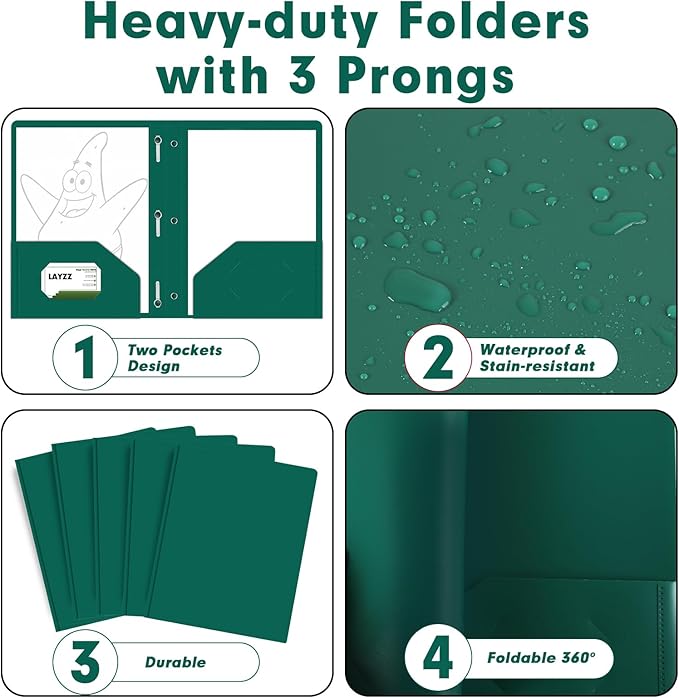 Plastic 2 Pocket Folders with Prongs, 30 Pack, Heavyweight, Letter Size Poly Folders with 3 Metal Prongs Fastener Clips (Green)