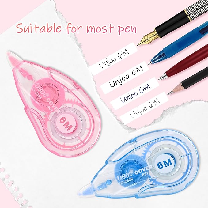 White Correction Tape, Easy To Use Applicator for Instant Corrections, For school, Office (Blue,Green,Pink, 12pack, 6M/256" x 0.2")