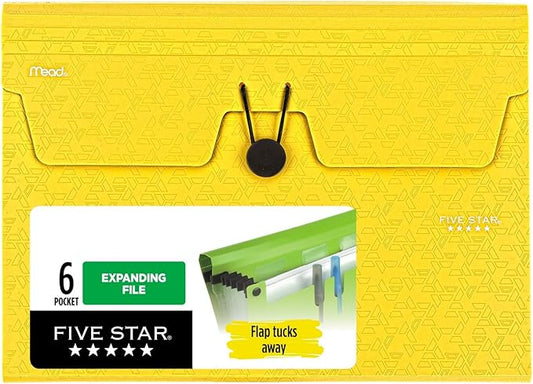 Five Star Expanding File Organizer, 6-Pocket Accordian File Organizer, Bungee Closure, Holds 11" x 8-1/2", Harvest Yellow (350100G-ECM)