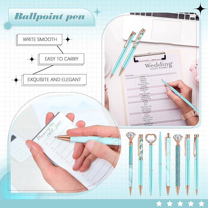 Supervitae 8 Pcs Ballpoint Pen for Women Fancy Gifts for Journaling Liquid Sand Glitter Black Ink Pens Bridal Shower Gifts for Wedding Women Office Desk School Stationery Supplies(Blue)