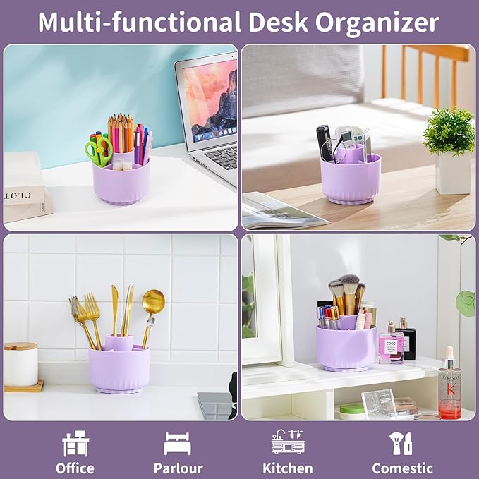 Marbrasse Desk Organizer, 360-Degree Rotating Pen Pencil Holder for Desk, Desk Organizers and Accessories with 5 Compartments Pencil Organizer, Art Supply Storage Box Caddy for Office, Home(Purple)