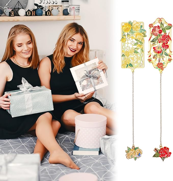 2 Pcs Metal Rose Bookmarks, Beautiful Book Marks for Reading Women Vintage Bookmarks with Metal Chain Pretty Bookmark Gift for Book Lovers Readers Birthday Christmas Gifts(Red, Yellow Roses)