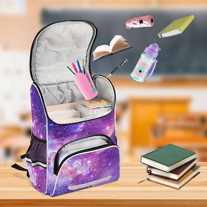 Galaxy Backpack with Reflective Strip for Kids Boys Girls Elementary School Bag Removable Chest Strap