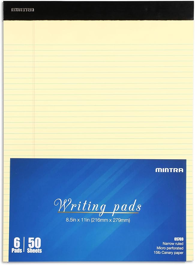 Mintra Office Legal Pads - ((BASIC CANARY 6pk, 8.5in x 11in, NARROW RULED)) - 50 Sheets per Notepad, Micro perforated, Yellow Writing Pad, Notebook Paper for School, College, Office, Business