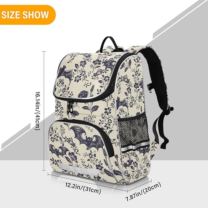 Goth Bat Flowers Backpack with Reflective Strip for Kids Boys Girls Elementary School Bag Removable Chest Strap