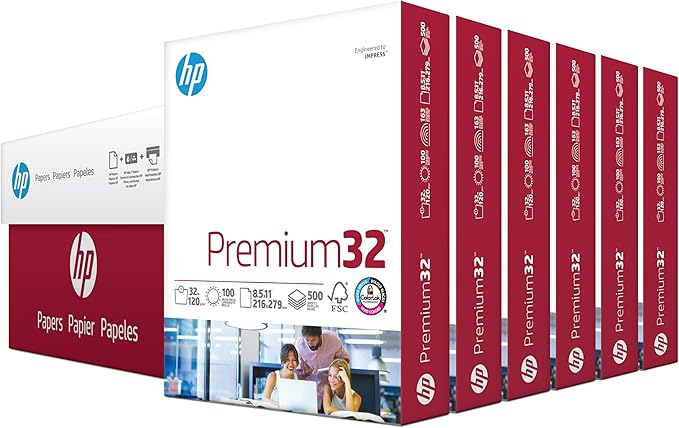 HP Printer Paper | 8.5 x 11 Paper | Premium 32 lb | 6 Pack - 3000 Sheets | 100 Bright | Made in USA - FSC Certified | 113100C