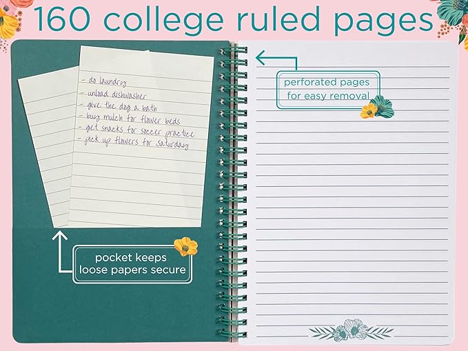 Steel Mill & Co Cute Floral Mini Spiral Notebook, 8.25" x 6.25" Journal with Durable Hardcover and 160 Lined Pages, Garden Blooms (Cream)