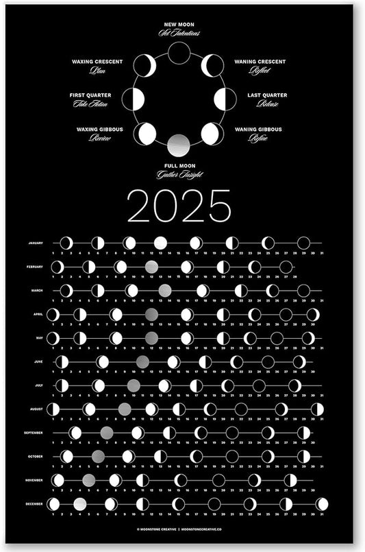 2025 Moon Phase Calendar (SHIPS FLAT) - Hangable Silver Lunar Wall Poster - Great as a Unique Gift, Moon Tracking, Wall Décor & Art, Astrology Decorations - A Celestial Calendar - by Thankful Greetings