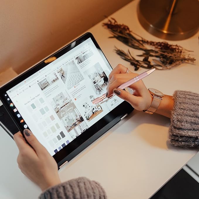 LINFANC 12 Pack Rose Gold Ballpoint Pen with Stylus Tip, 1.0 mm Black Ink Smooth Writing Pens, Metal Stylus Pens for Touch Screens