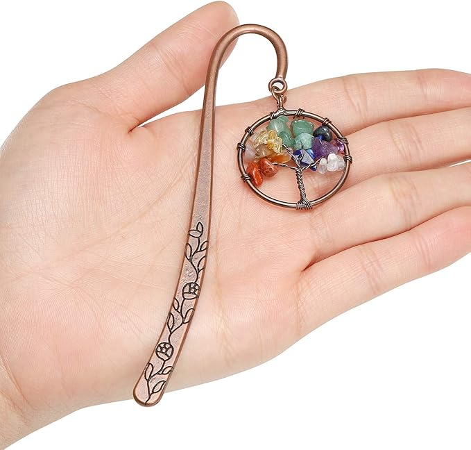 Jovivi 2pcs Antique Copper Metal Bookmark Beading Bookmarks with Handmade 7 Chakra Healing Crystals Tree of Life Tumbled Gemstones & Leaf Bead