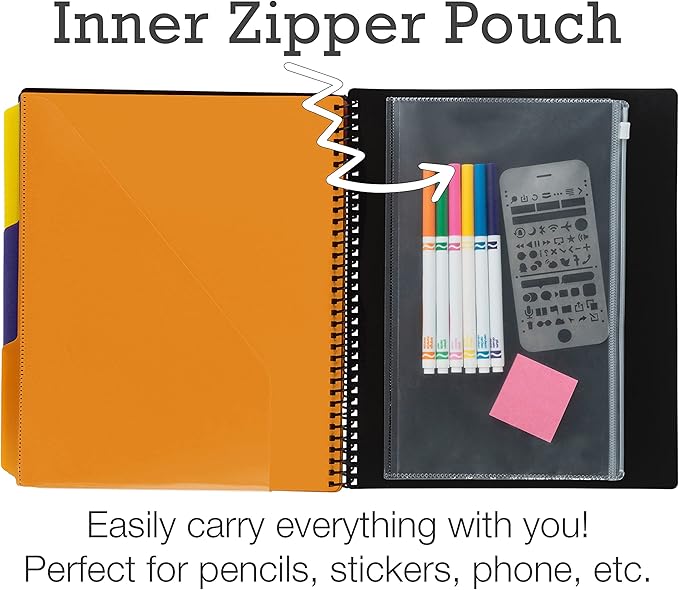 Samsill 2 Pack Deluxe 24 Pocket Spiral Project Organizer with Inner Zipper Pouch, Customizable Front Cover, 12 Dividers with Erasable Write-On Tabs in Fashion Colors, Plastic Folders with Pockets