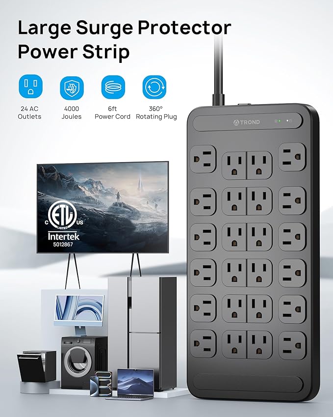 TROND Surge Protector Power Strip 360° Rotating Flat Plug, 24 AC Outlets, 4000 Joules, 6ft Heavy Duty Extension Cord 1875W, ETL Listed, Ideal for Gaming Office Home Dorm Room Essentials Black