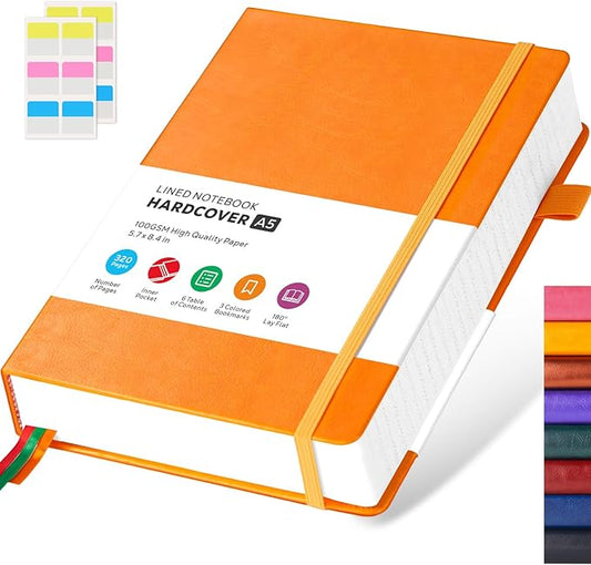 Hardcover Leather Notebooks College Ruled, 320 Pages Notebook Journals for Writing Note Taking Women & Men, A5 (5.7'' X 8.4'') Daily Notebook Journal, Orange