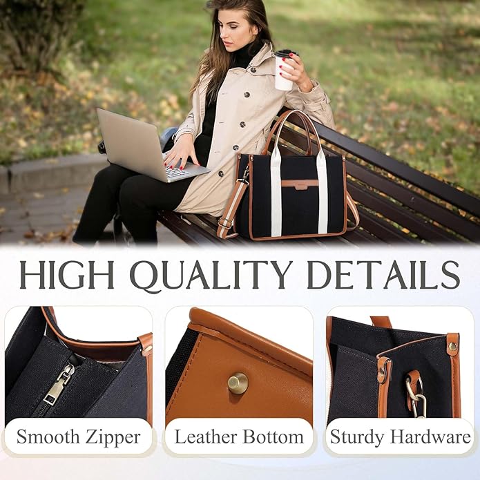 RAVUO Laptop Tote Bag Women, Water Resistant 15.6 Inch Large Canvas Handbag Business Briefcase With Detachable Shoulder Strap