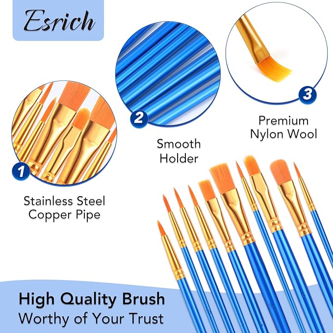 ESRICH Acrylic Paint Brushes Set, 10 Packs/ 100 Pcs Watercolor Brushes,Nylon Brush Head, for Oil Painting, Gouache, Face,Ceramics etc, Kid's and Adults Painting Arts and Crafts Paint Sets.