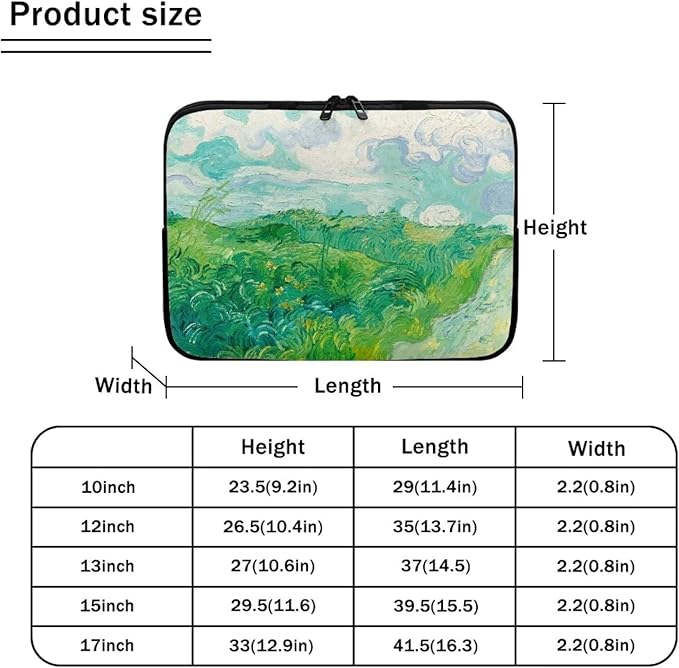 Green Wheat Fields Laptop Sleeve Case for Women Men Trendy Van Gogh Painting Laptop Protector with Multiple Uses Made of Premium Neoprene Material 13 Inch Tablet Bag for Friends