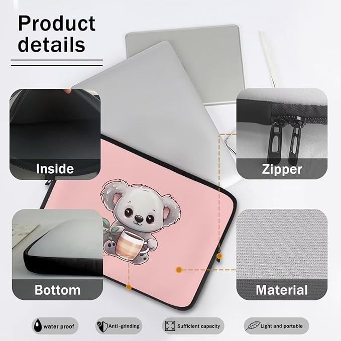 Cute Koala Laptop Protective Sleeve for Girls 15 inch Computer Sleeve Bag Zippered Pouches Lap Top Case Suitable for Daily Use Travel School Office Multiple & Neatly Organizers