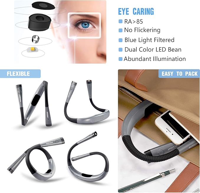 Glocusent Book Light, 3-Color & 6-Brightness Reading Light, Bendable Neck Light, 80-hr Lasting Rechargeable Lamp, Perfect Book Light for Reading in Bed, Knitting, Camping, Repairing, Book Lovers Gifts