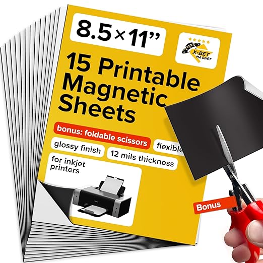 X-bet MAGNET Inkjet-Optimized Printable Magnetic Sheets - 8.5x11 Paper for DIY Stickers, Decorations, Labels - Easy to Print, Cut & Create Your Own Magnets (Glossy, 15pcs)