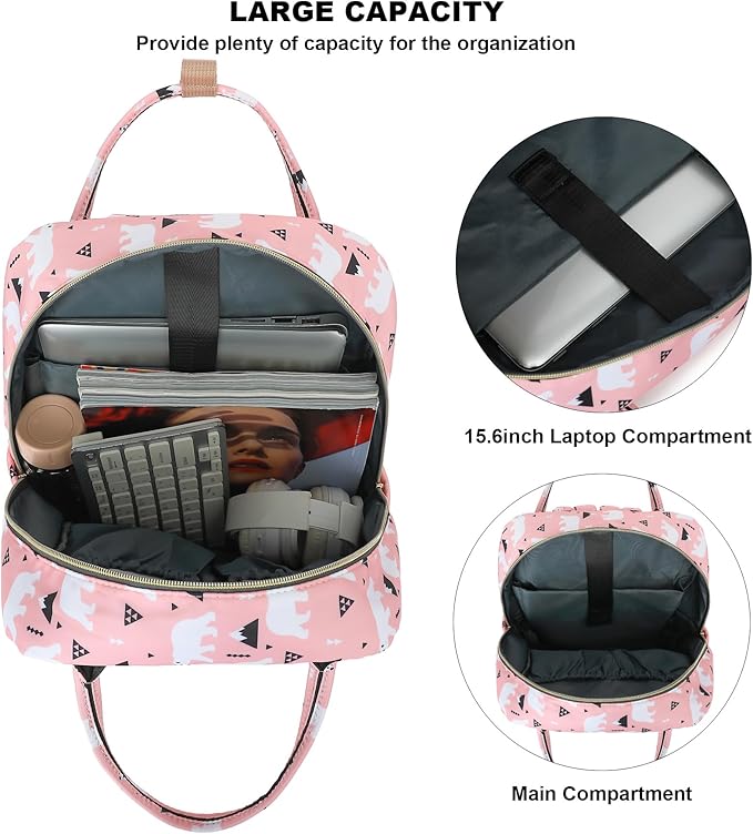 Polar Bear Laptop Backpack College Bookbag School Backpack for Women Girls, Travel Backpack 15.6 Inch Computer Backpacks (Pink)