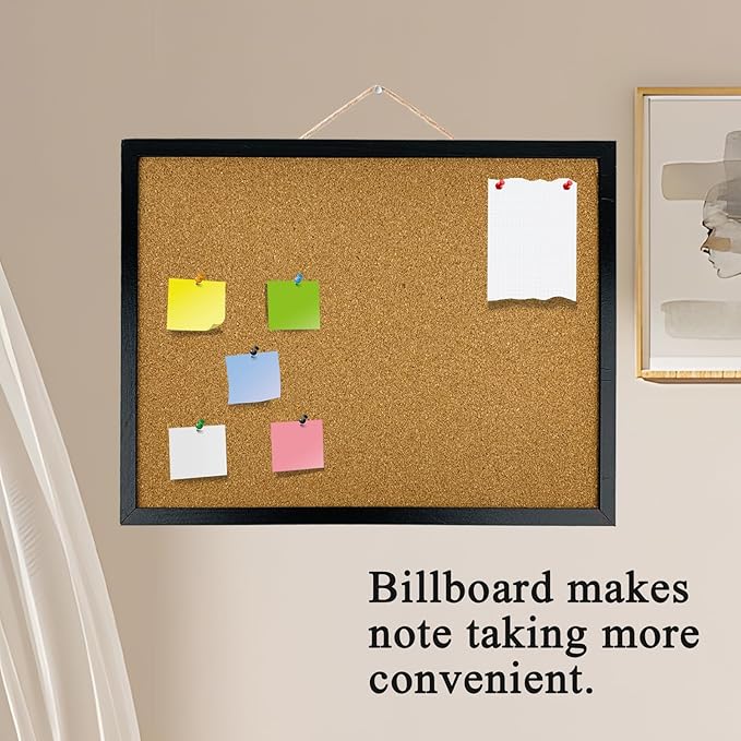 GDMINLO Black Cork Bulletin Board, 17.7 X 13.3 inches with Oak Wood Finish Frame, for Wall Office Home and School (Pins, Eye Bolts, gaskets, Screws)