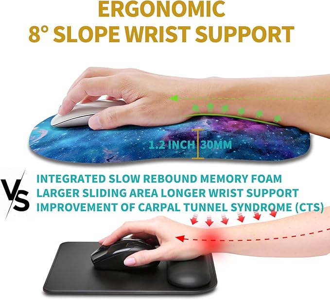 Hokafenle Ergonomic Mouse Pad Wrist Support, Wrist Rest Mousepad for Carpal Tunnel Pain Relief with Integrated Memory Foam Slope Massage Bulge (11.8x7.9 inch,Galaxy Nebula Space