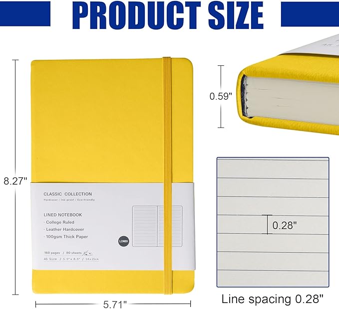 Lined Journal Notebook, 10Pack(bright yellow), 160 Pages, Medium 5.7 inches x 8 inches - 100 gsm Thick Paper, Hardcover