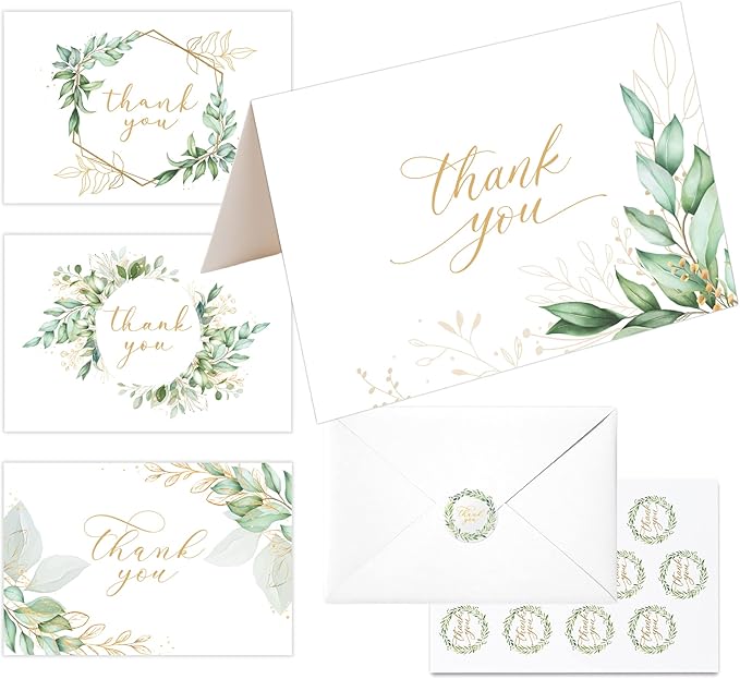 20 Eucalyptus Matt Gold Foil Greenery Thank You Cards with Envelopes & Stickers 4x6 Inch, Bulk Thank You Notes, Suitable for Business, Baby Shower, Wedding, Graduation, Bridal Shower, Funeral