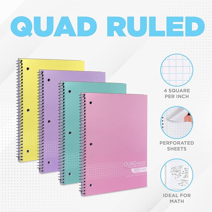 Graph Paper Spiral Notebook - Graph Paper Notebook, Quad Ruled Grid Notebooks, Perforated Pages - 10.5 X 8 Inches - 1 Subject Wirebound Notebook - Assorted Colors - 100 Sheets per Book - (4 Pack)
