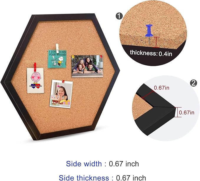 EVNEED 4 Pack Cork Bulletin Board Hexagon, Small Framed Corkboard Tiles for Wall, Thick Decorative Display Boards for Home School Office Decor, Hex Cork Board with 16 Push Pin Wood Clips,Black