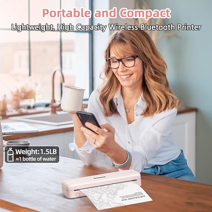 Phomemo M834 (Upgraded) Portable Printer, Wireless Bluetooth Thermal Printer, Support Multi-Size Thermal Paper, Compatible with iOS, Android & PC, Mobile Printer for Travel, Office, School, Pink