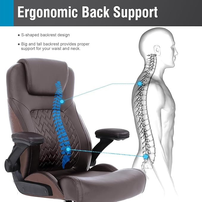 Flysky Executive Ergonomic Office Chair - Big and Tall Office Chair for Heavy People, PU Leather Computer Desk Chair with Flip-up Armrest, Comfortable Wide High Back PC Work Chair