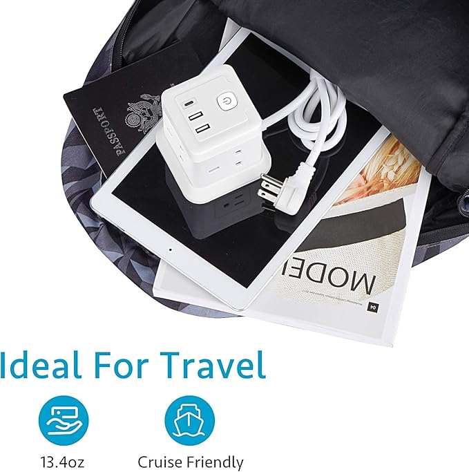 BEVA Power Strip with USB - 10ft Long Extension Cord with 4 Widely Spaced Outlets and 3 USB Ports Cube Desktop Charging Station, Overload Protection, Compact for Travel, Cruise Ship and Dorm