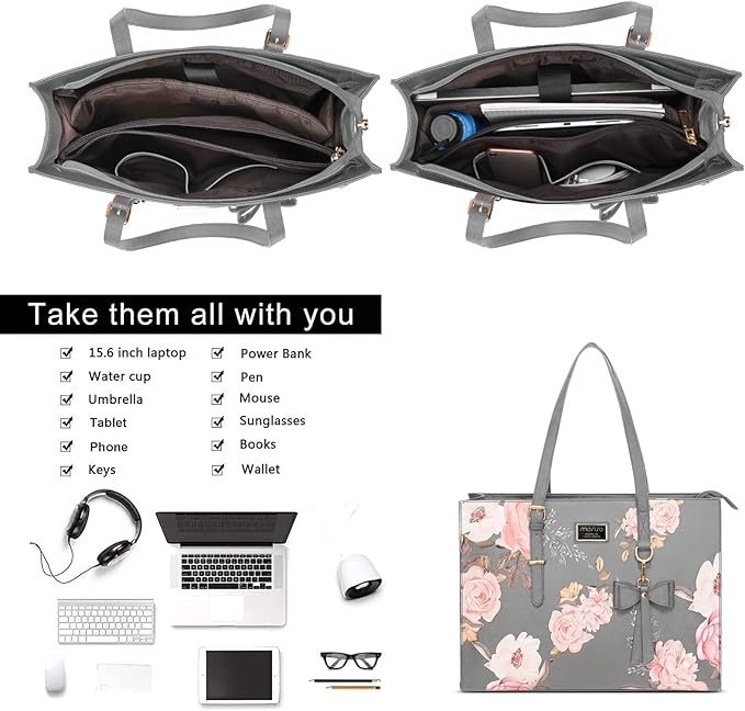 MOSISO Laptop Tote Bag Compatible with MacBook Air 15 inch M2 A2941/Pro 16 inch M3 M2 M1, 15-15.6 inch Notebook, Peony PU Leather Travel Work Briefcase with Detachable Bowknot & Small Purse, Grey