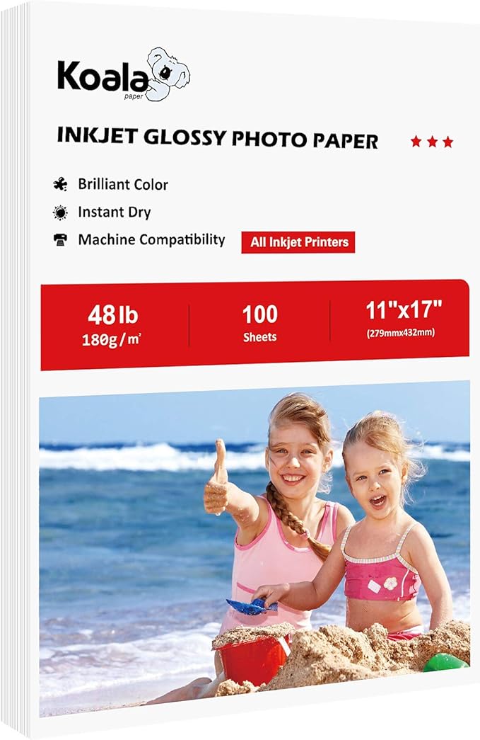 Koala Glossy Inkjet Photo Paper 11X17 Inches 48lb 100 Sheets Professional Glossy Photographic Paper Compatible with Inkjet Printer Use DYE INK 180GSM