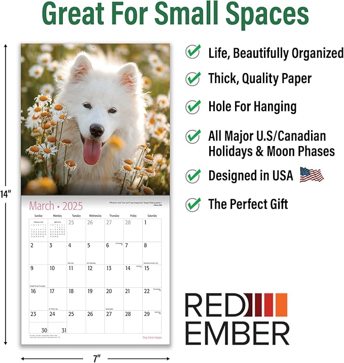 RED EMBER Dog-Gone Happy Mini 2025 Wall Calendar 12 Month | 7" x 14" Open | Thick & Sturdy Paper | Giftable | Calendar 2025