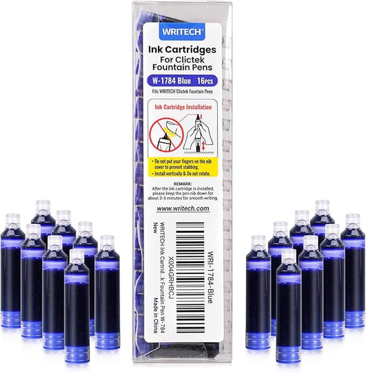WRITECH Blue Ink Cartridge Set: 16 Ink Cartridges Clictek Fountain Pens
