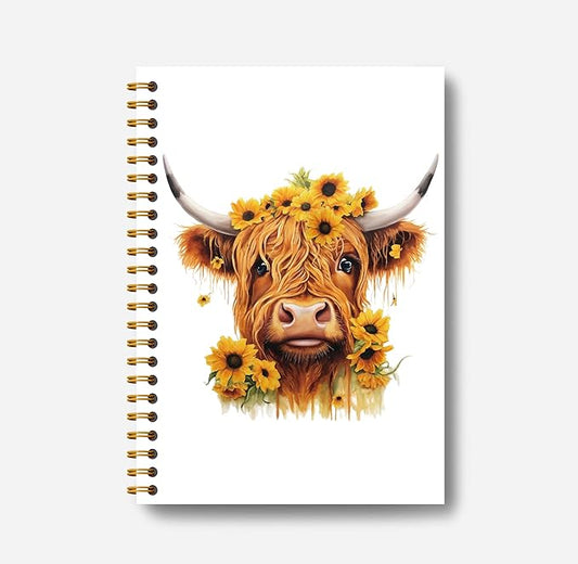 Sunflower Highland Cow Notebook - Western Notebook, Cow Notebook, Highland Cow Office Supplies, Highland Cow Gifts, Cow Stuff, Farmhouse Highland Cows Spiral Notebook 5.5x8.3