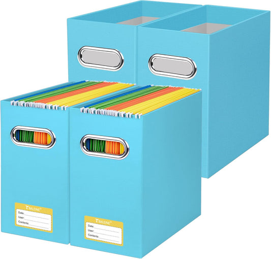 BALEINE File Organizer Box, Cardboard File Folder Organizer with Handle for Letter Size, Portable Collapsible Hanging Filing Box for Home Office Document Storage (4 Pack, Blue)