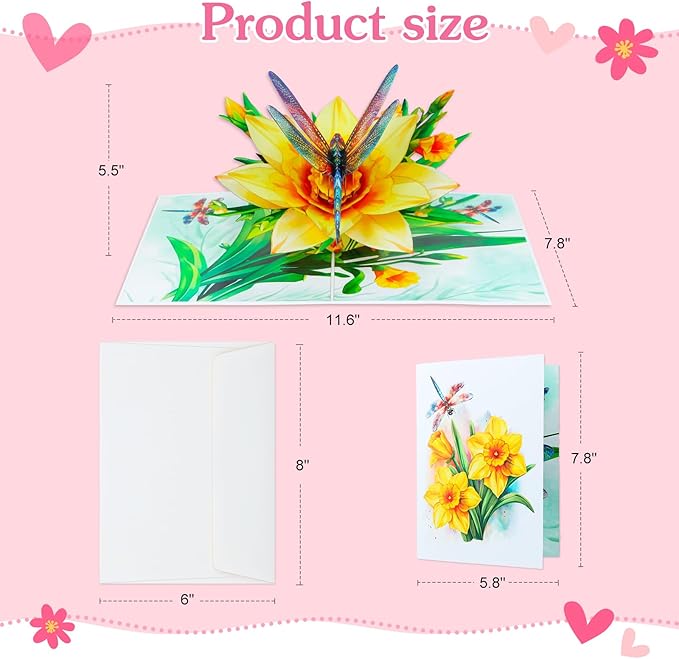 D4DREAM Dragonfly Gifts for Women - Daffodils Flower Dragonfly Pop Up Card 3D Birthday Card for Women Pop Up Mothers Day Cards with Envelope for Her Wife Mom Grandma