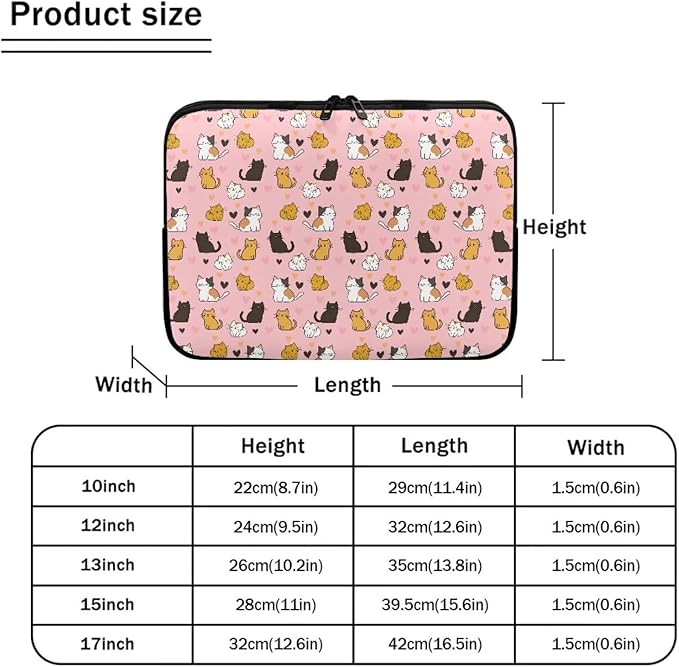 Cat Print Laptop Briefcases for Men Women, Heart Pattern Laptop Sleeve Case Water Resistant Neoprene Computer Carrying Cover 12 Inch Laptop Carrying Bag