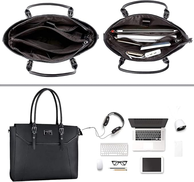 MOSISO 17 inch Women Laptop Tote Bag with Shockproof Compartment, Black