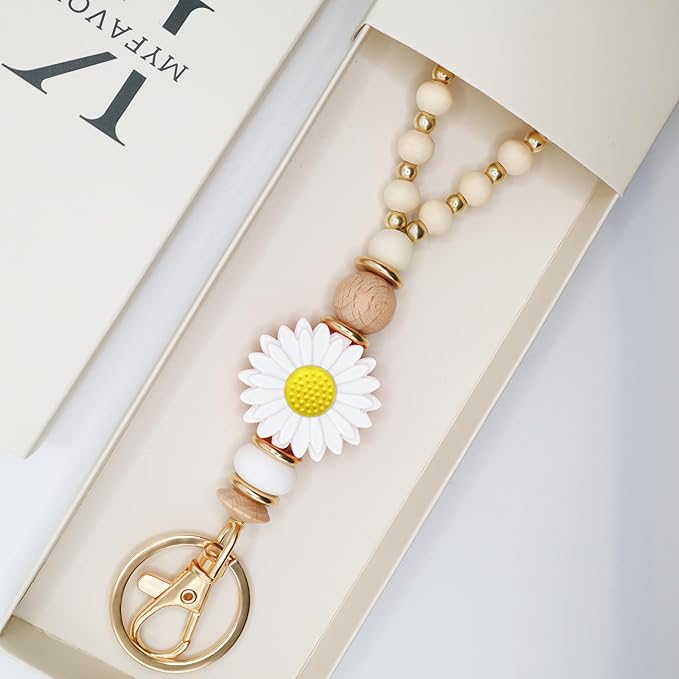 Wooden Teacher Lanyards for Id Badge Cute Flower Wood and Gold Beaded Lanyards for Women for Nurse Badge