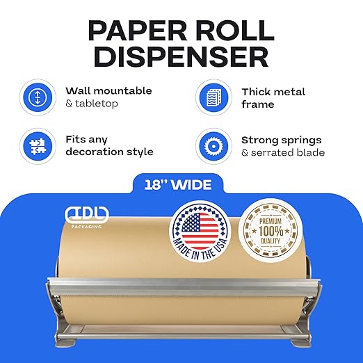 IDL Packaging 18" Kraft Paper Roll Dispenser & Cutter for Rolls up to 18" Wide and 9" in Diameter – Tabletop Reinforced Steel Paper Holder with a Cutter – for Kraft and Butcher Paper