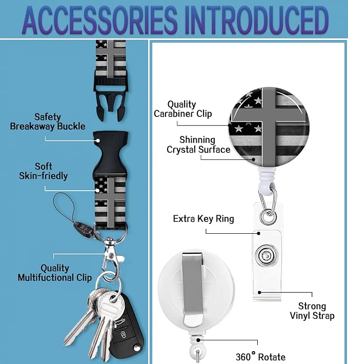 ID Badge Holder with Retractable Lanyard and Keychain, Badge Reel with Rotate Carabiner Clip,Black White American Flag Cross Card Name Tag Lanyard ID Protector Bage Clips for Student, Women, Office