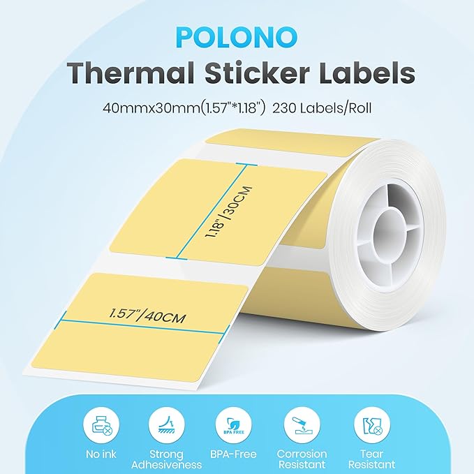 POLONO Genuine Thermal Labels for PM220S Label Makers, 1.57"x1.18" (40x30mm) Thermal Label, Waterproof, Multi-Purpose Self-Adhesive Labels for Small Bussiness, Office, School, 230 Labels/Roll (Yellow)