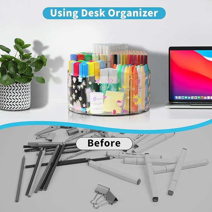Acrylic Pen Holder with 2 Adhesive DIY Stickers, Desk Organizer Marker Holder with Cute Sticker, 360 Degree Office Supply Organizer Clear Pencil Holder Kid Art Supply Storage Organizer 6 Compartments
