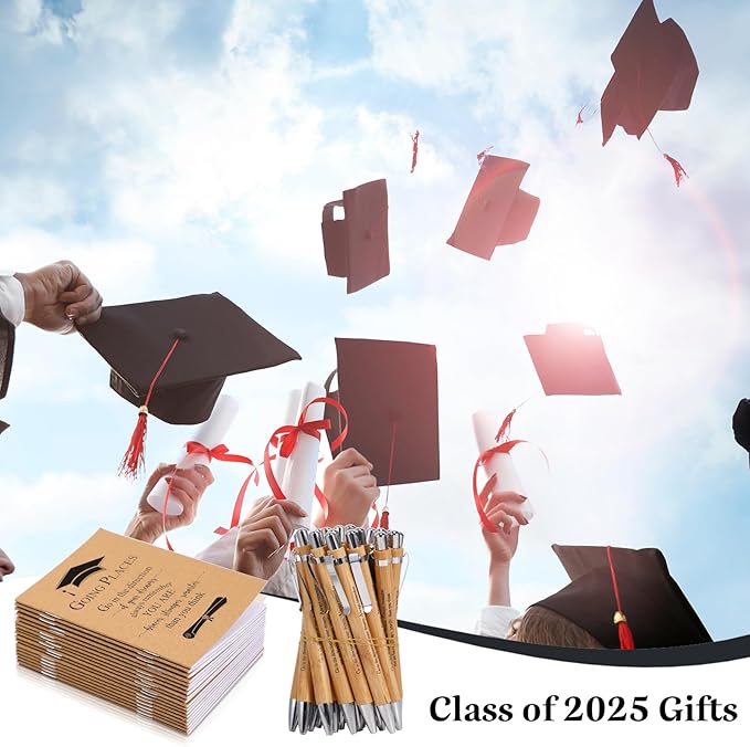Kosiz 60 Pcs Graduation Gifts Motivational Mini Journal Inspirational Bamboo Pen Kraft Notebooks Bulk Wooden Retractable Ballpoint Pen for Class of 2025 College Gifts (Wooden)